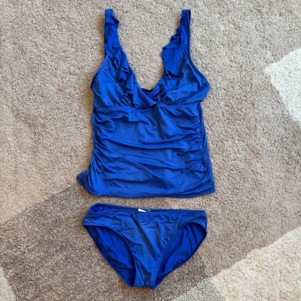 Lauren Ralph Lauren Blue Ruffle Tankini Swimsuit Set Ruched 2 Piece Size 10